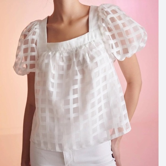 English Factory White Grid Pattern Puff Sleeve Organza Top- Size Extra Small - Picture 3 of 14